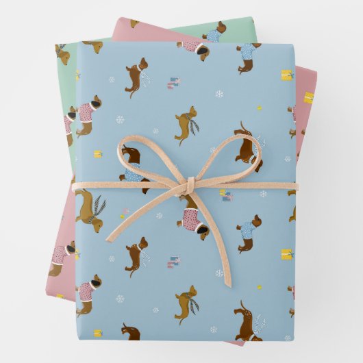 Teckels Sneeuwvlokken Geschenken Pastel Inpakpapier Vel (In situ)