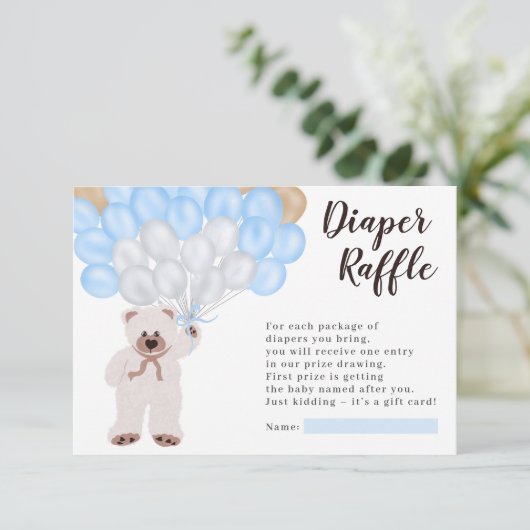 Teddbeer blauwe ballon luier raffle baby shower informatiekaartje (Staand voorkant)