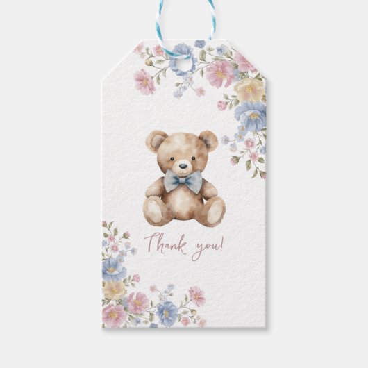Teddbeer Bloemige Baby Shower Bedank Geschenklabel Cadeaulabel (Voorkant)
