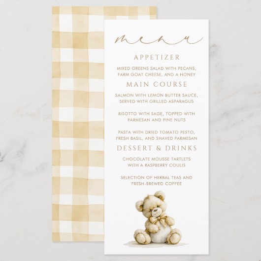 Teddbeer Bruine Gingham Patroon Menukaarten Menu (Voorkant / Achterkant)
