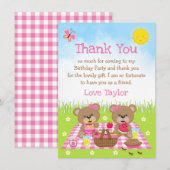 Teddberen Picknick Verjaardag Roze Gingham Bedankkaart (Voorkant / Achterkant)