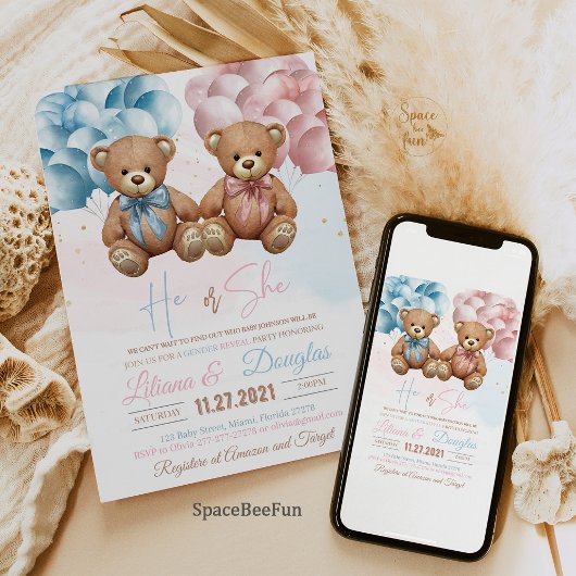 Teddi Beer Baby shower Uitnodiging Hij of Zij Gesl