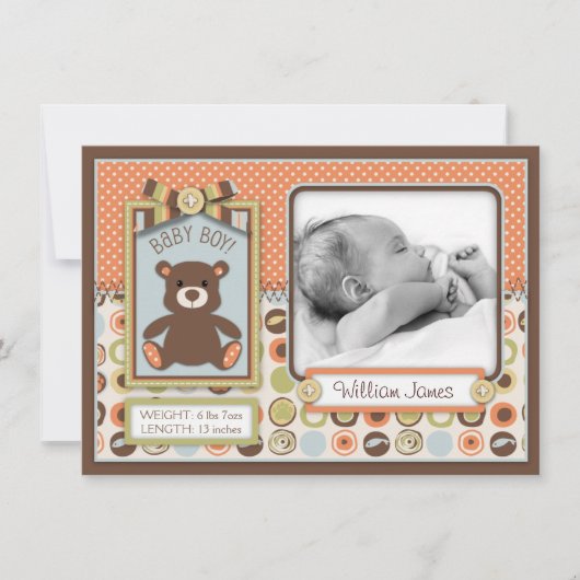 Teddibeer 3D-uitzicht Boog & Knoop Geboorteaankond Aankondiging (Voorkant)