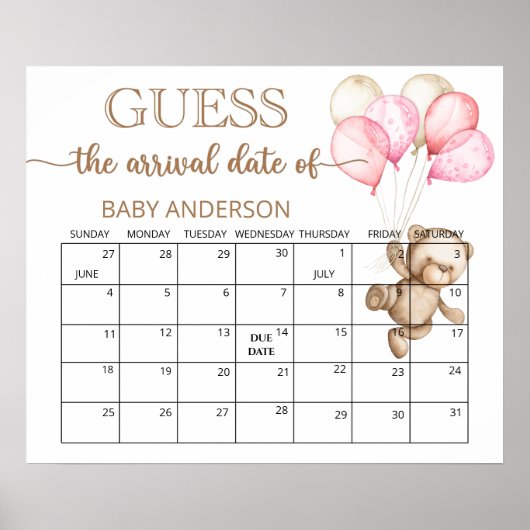 Teddibeer Baby Shower Raad de Bevalling Datum Kale Poster (Voorkant)