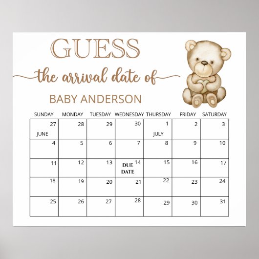 Teddibeer Baby Shower Raad de Datum Kalender Po Poster (Voorkant)