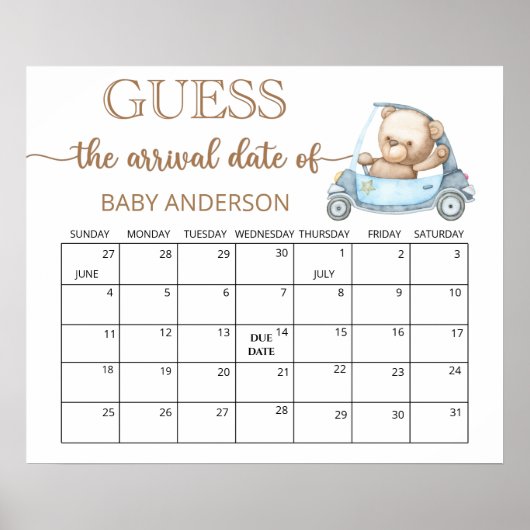 Teddibeer Baby Shower Raad de Datum Kalender Poster (Voorkant)