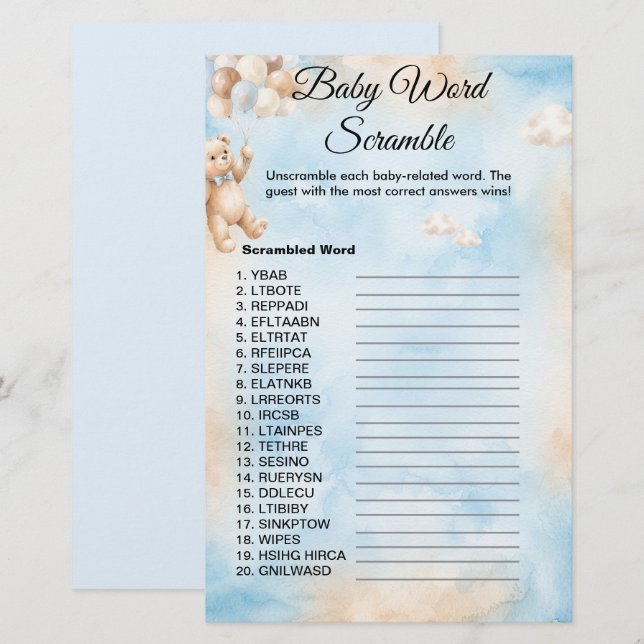 Teddibeer Baby Woordzoek Shuffle Spel Shower (Voorkant / Achterkant)