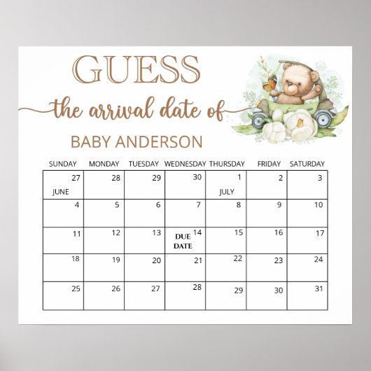 Teddibeer Babyshower Raad de Bevalling Datum Kalen Poster (Voorkant)