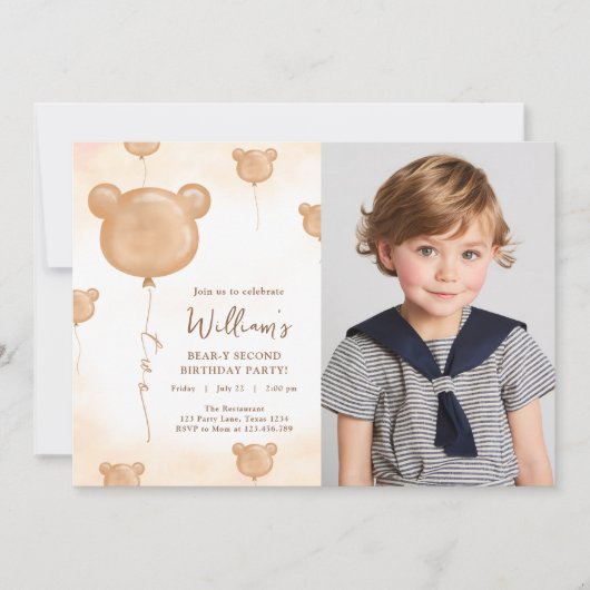 Teddibeer Ballon Beary Tweede Verjaardagsfeestje Kaart (Voorkant)