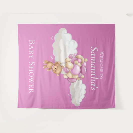 Teddibeer Ballonnen Roze Baby Shower achtergrond Wandkleed (Voorkant (horizontaal))