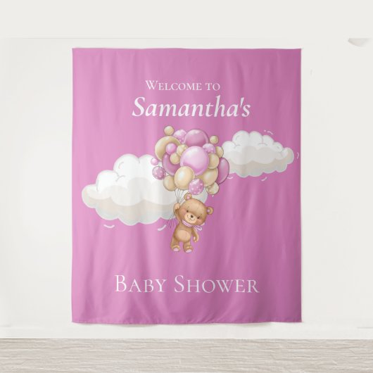Teddibeer Ballonnen Roze Baby Shower achtergrond Wandkleed (Voorkant)