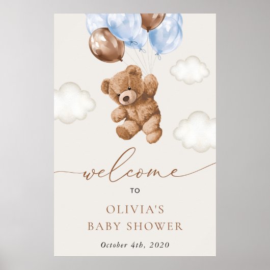Teddibeer, Blauwe Ballonnen, Welkom bij Baby Showe Poster (Voorkant)