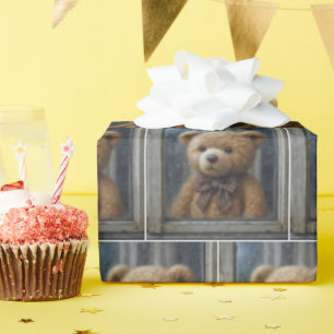 Teddibeer die uit een regenachtig raam staart cadeaupapier
