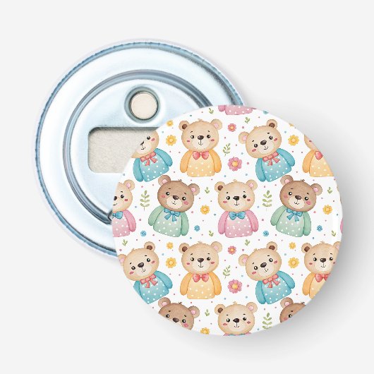 Teddibeer en bloemen button flesopener (Voorkant)