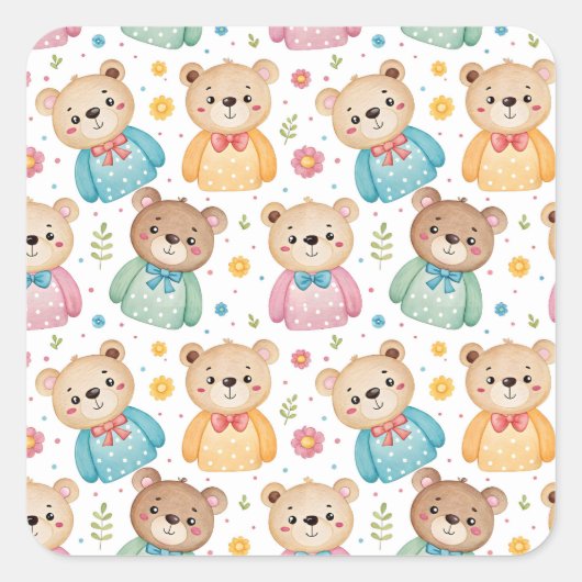 Teddibeer en bloemen vierkante sticker (Voorkant)