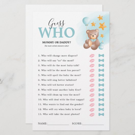 Teddibeer Gokspel Baby Shower Spel (Voorkant / Achterkant)