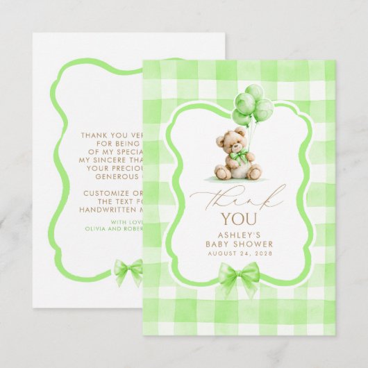 Teddibeer Groen Gingham Schattig Bedankt (Voorkant / Achterkant)