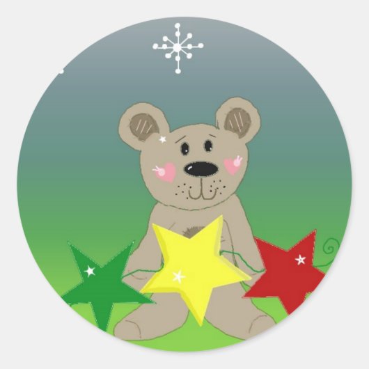 Teddibeer met feestelijke sterren ronde sticker (Voorkant)