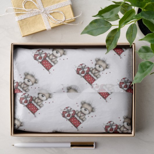 Teddibeer met hartcadeau en polka stip doos tissuepapier (Geschenk)