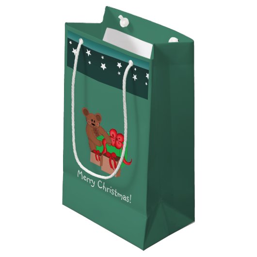 Teddibeer met kerstcadeaus klein cadeauzakje (Voorkant Gekanteld)