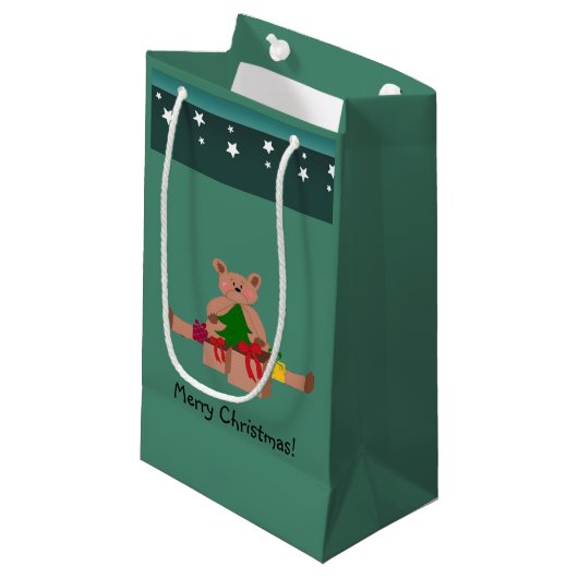 Teddibeer met kerstcadeaus klein cadeauzakje (Voorkant Gekanteld)