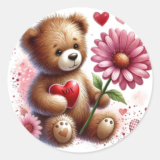 Teddibeer met rode valentijnshart  ronde sticker (Voorkant)