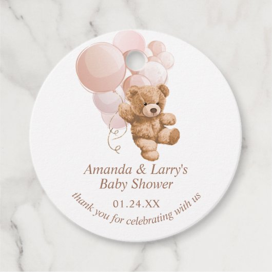 Teddibeer met roze ballonnen met blos bedankjes labels (Voorkant)
