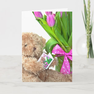 Teddibeer met roze tulpen voor 68ste verjaardag kaart
