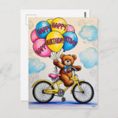 Teddibeer op een fiets die ballonnen vasthoudt briefkaart (Voorkant / Achterkant)