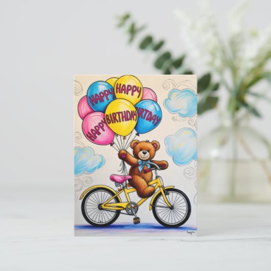 Teddibeer op een fiets met ballonnen briefkaart (Staand voorkant)