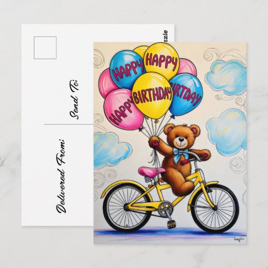 Teddibeer op fiets met ballonnen briefkaart (Voorkant / Achterkant)