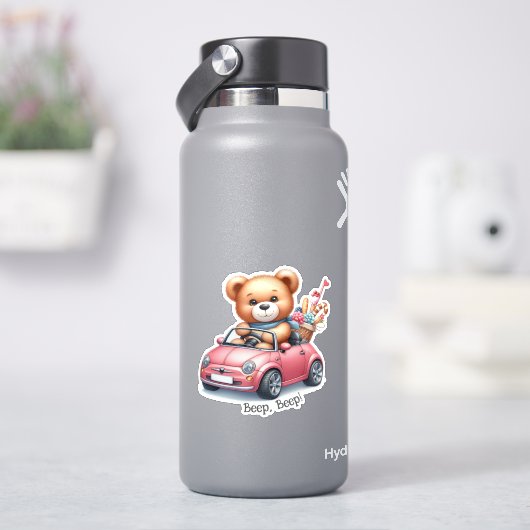 Teddibeer rijdt in een cabriolet sticker (HydroFlask)
