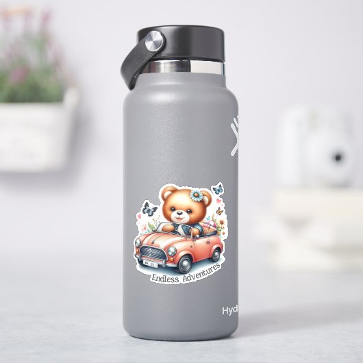 Teddibeer rijdt in een cabriolet sticker (HydroFlask)