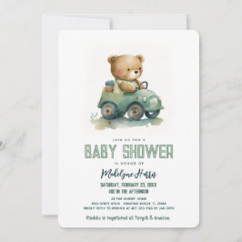 Teddibeer rijdt speelgoedauto Blauw Baby Shower  Kaart