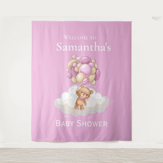 Teddibeer Roze Ballonnen baby Shower achtergrond Wandkleed (Voorkant)