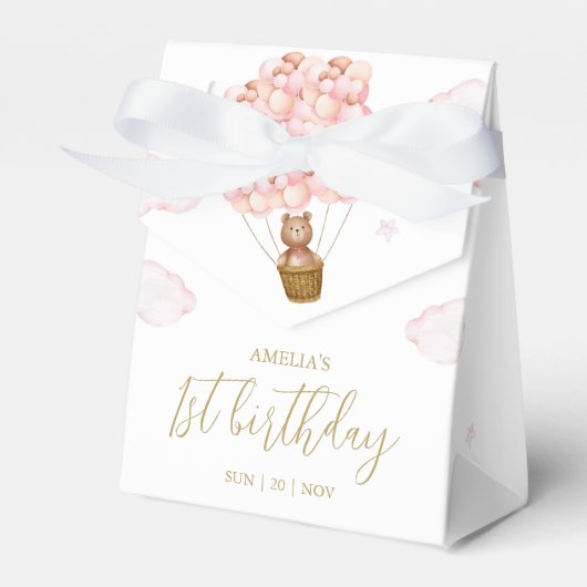 Teddibeer Roze Ballonnen Verjaardagsfeestje Bedankdoosjes (Voorkant Zijde)