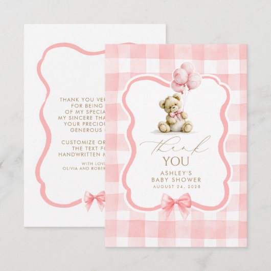 Teddibeer Roze Gingham Schattig Bedankt (Voorkant / Achterkant)