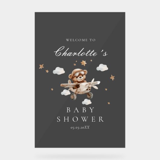 Teddibeer & Vliegtuig Welkom Bruidsfeest Acryl Bord (Voorkant)