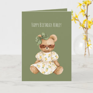 Teddibeer voor meisje met groene strik verjaardag kaart