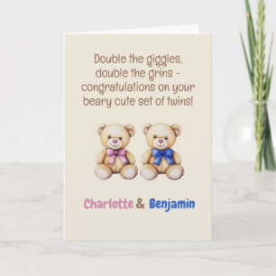 Teddies, Jongen & Meisje Tweeling Gelukwensen Kaart