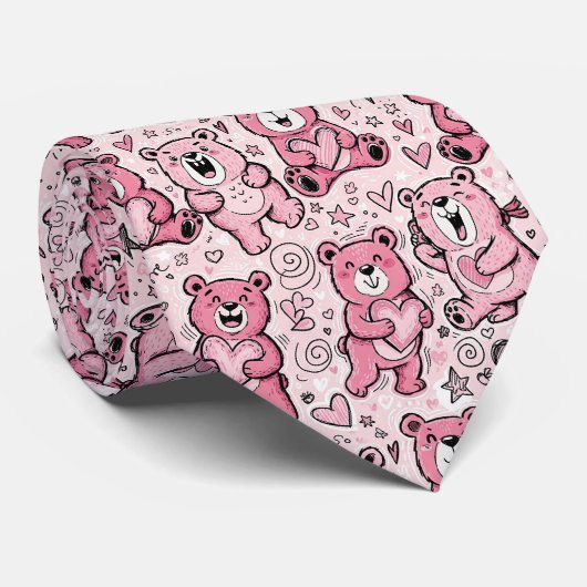 Teddies met Hartjes en Roze - Valentijn (5) Stropdas (Opgerold)