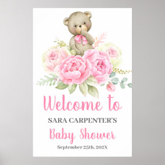 Teddy Baby shower Girl Pink Beer Welkomstteken Poster