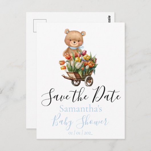 Teddy Baby shower Rustic Flora Save the Date Briefkaart (Voorkant / Achterkant)