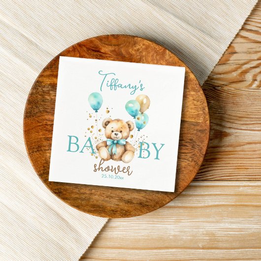 Teddy baby shower servies schattig aqua bruin servet