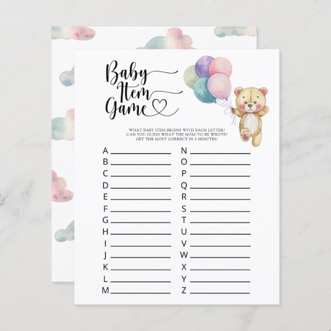 Teddy - Baby Spel. Baby shower spel (Voorkant / Achterkant)