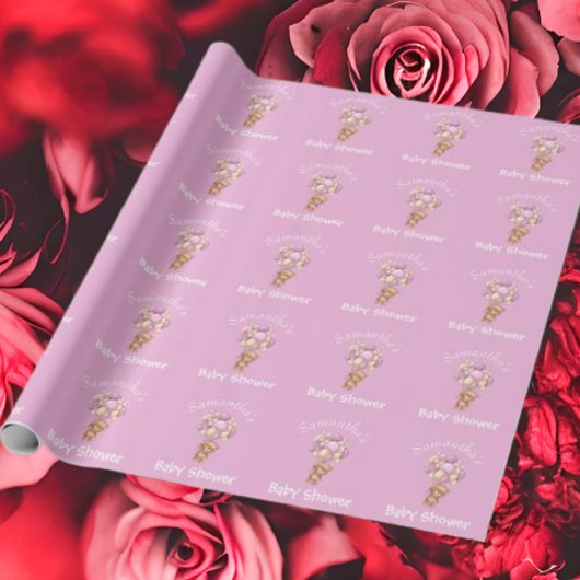 Teddy Balloon Baby shower Roze Cadeaupapier