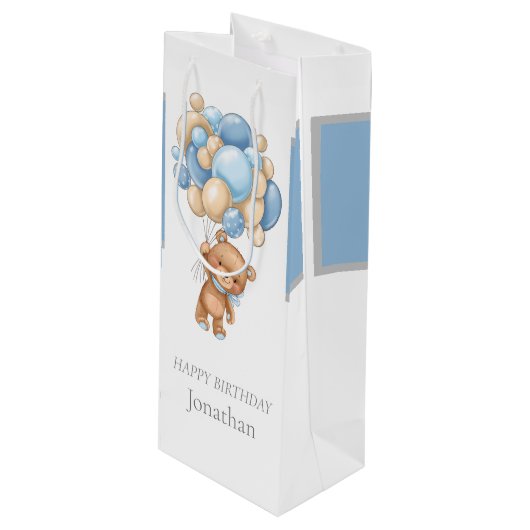 Teddy Balloon Bearly Wait Birthday Boy Wijn Cadeautas (Voorkant Gekanteld)