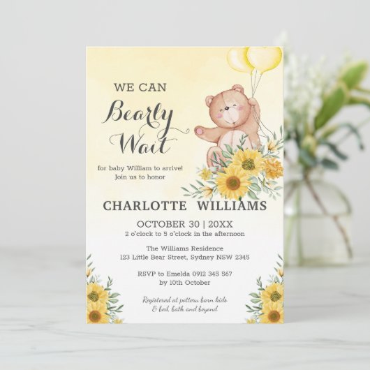 Teddy Barly Wait Sunflower Greenery Baby shower Kaart (Staand voorkant)