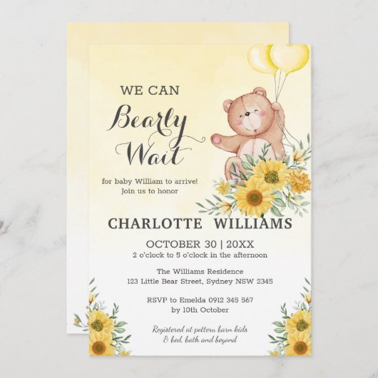 Teddy Barly Wait Sunflower Greenery Baby shower Kaart (Voorkant / Achterkant)