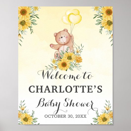 Teddy Barly Wait Sunflower Greenery Baby shower Poster (Voorkant)